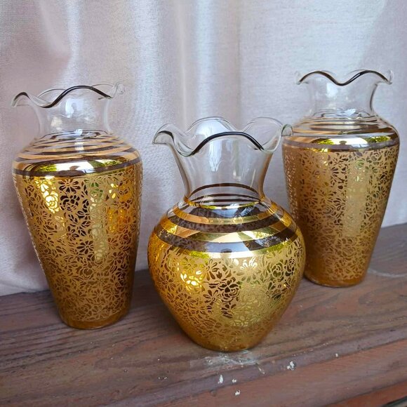 3 Set MCM Vintage Ransgil Crystal Gold Gilded Overlay Floral Ruffle Topped Vases - Picture 3 of 8